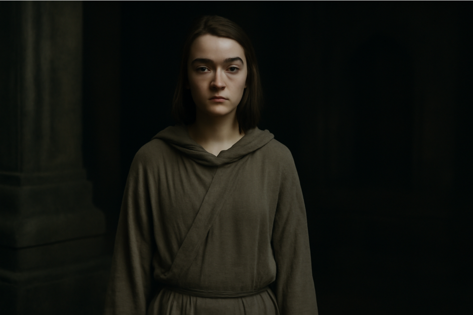 "Arya Stark dressed in muted gray robes, standing in a dimly lit room with dark stone walls. Her neutral expression and posture symbolize emotional detachment, blending in with the shadows. The setting evokes the cold, mysterious atmosphere of the Faceless Men's temple in Game of Thrones."








