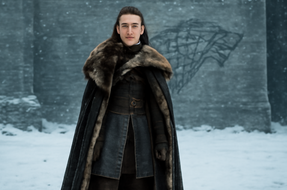 "Arya Stark standing confidently in the snow at Winterfell, wearing rugged survival clothing and a Stark-inspired fur cloak. The backdrop shows the ancient, snow-covered walls of Winterfell, with the faint direwolf sigil visible, symbolizing her reclaimed identity and newfound strength."








