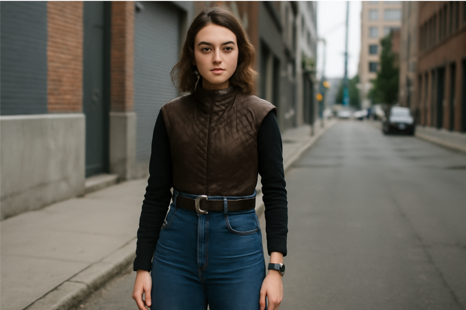 "A modern woman wearing an Arya Stark-inspired outfit, featuring a quilted leather vest, black fitted shirt, and high-waisted blue jeans. She stands confidently on an urban street, with an earthy, neutral backdrop of brick buildings, showcasing strength and versatility, while drawing influence from Arya's empowering style."