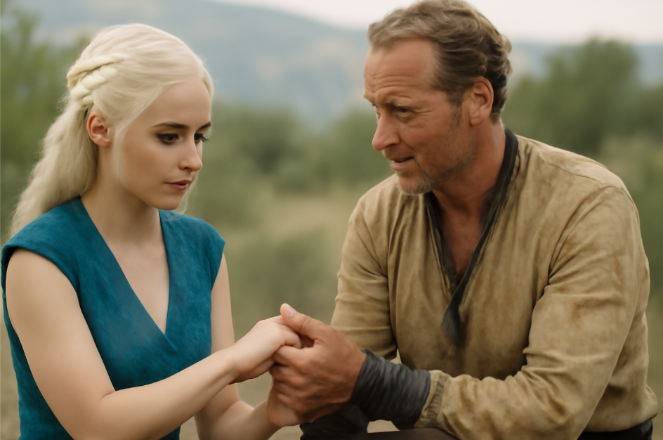 Daenerys Targaryen and Jorah Mormont sharing a quiet, intimate moment in a serene outdoor setting. Jorah gently holds Daenerys' hand as a supportive gesture, with Daenerys looking hesitant but open to trust. The background features a peaceful, natural landscape, symbolizing the depth of their bond and mutual protection.