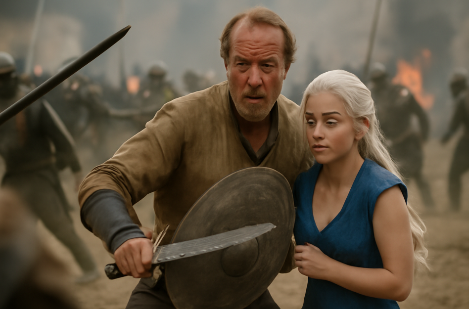 Jorah Mormont fiercely protecting Daenerys Targaryen on a chaotic battlefield, standing in front of her and shielding her from an incoming threat. Jorah holds a shield and sword, appearing protective and determined, while Daenerys looks vulnerable yet trusting. The background depicts a tense battle with soldiers in combat, enhancing the intensity of the moment.
