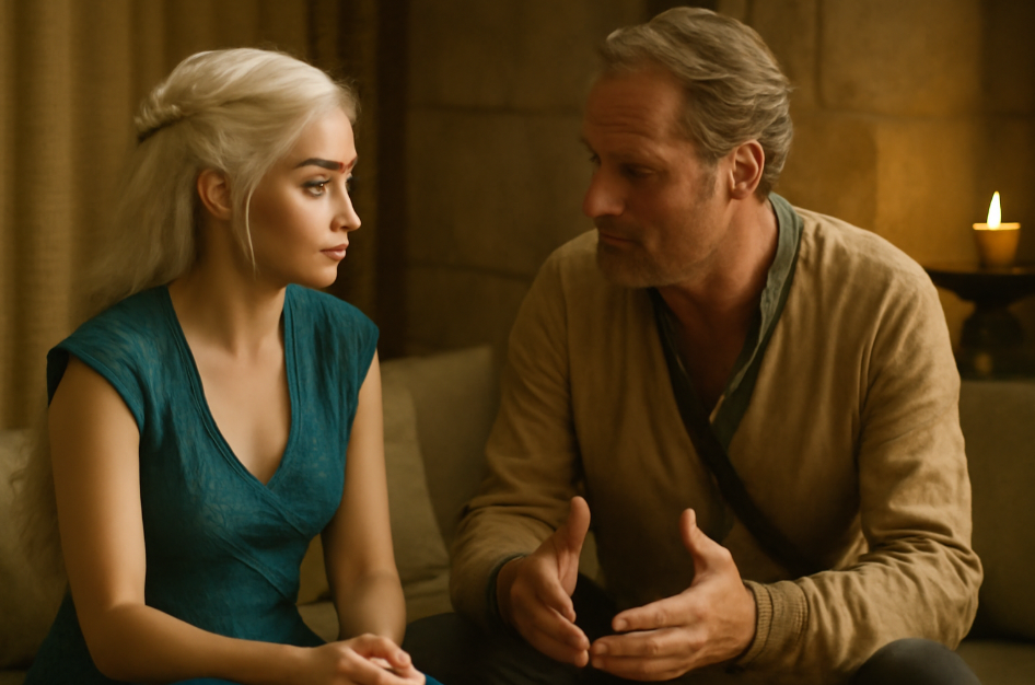 Daenerys Targaryen and Jorah Mormont sitting together in a peaceful, intimate space, engaged in a deep conversation. Daenerys listens attentively to Jorah’s advice, with a focused and serene expression. The warm, soft lighting and rustic stone backdrop create a reflective and calm atmosphere, highlighting their bond and trust.