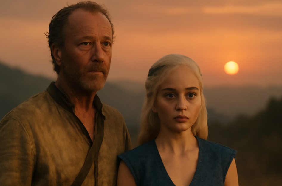 Jorah Mormont standing protectively in front of Daenerys Targaryen during a somber moment at sunset. Jorah looks fiercely loyal and determined, with signs of wear, while Daenerys appears vulnerable yet resolute. The golden glow of the setting sun casts a warm light on them, evoking a sense of impending loss and finality in a peaceful, natural landscape.