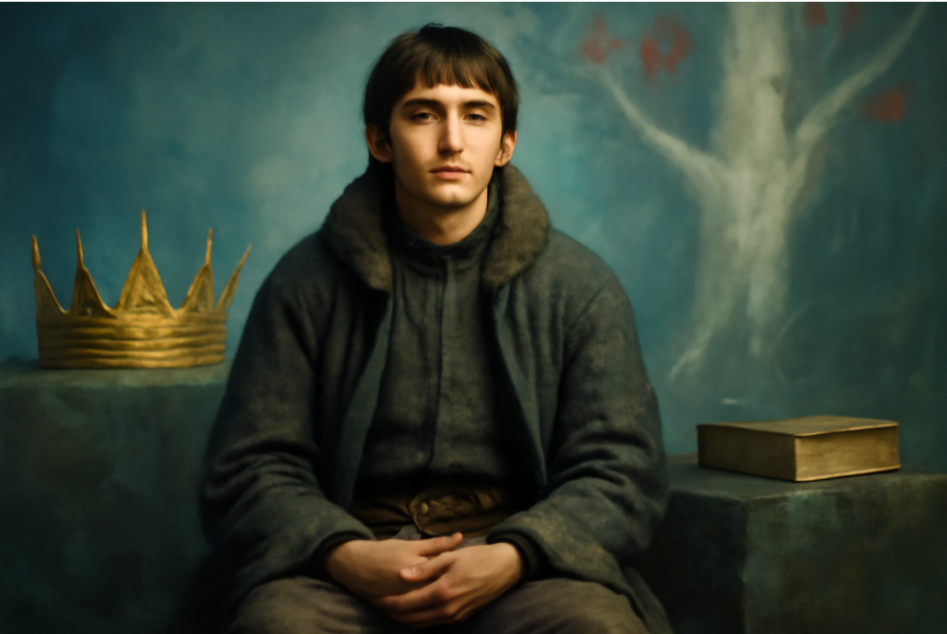 "Bran Stark from Game of Thrones seated in simple, practical clothing, with a distant crown symbolizing his detachment from traditional power. The background features a mystical Weirwood tree and an old book, reflecting Bran's wisdom and introspection as the Three-Eyed Raven." 