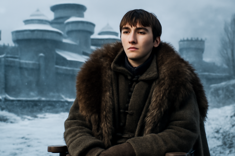 "Bran Stark from Game of Thrones standing in front of Winterfell, wearing a fur-lined cloak and earthy clothing that blends with the snowy landscape. His attire emphasizes his Northern heritage, with muted colors and practical layers, while the cold, harsh environment of Winterfell reinforces his deep connection to the North." 