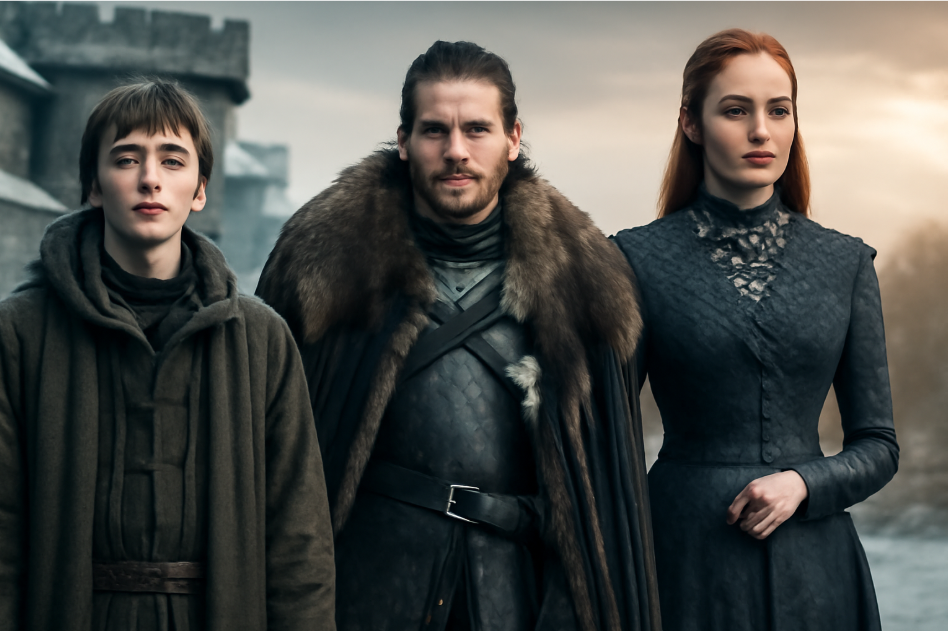 "Bran Stark, Jon Snow, and Sansa Stark from Game of Thrones standing together in front of Winterfell. Bran is dressed in simple, layered clothing reflecting wisdom, Jon wears fur cloaks and armor symbolizing his warrior status, and Sansa is in an elegant gown representing her regal power. The backdrop of Winterfell highlights their contrasting journeys and roles." 