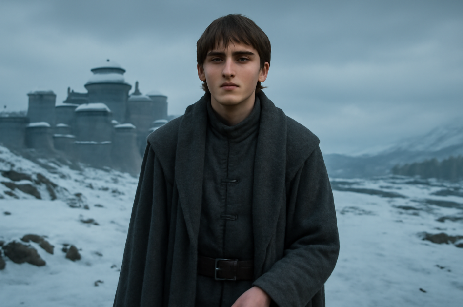 "Bran Stark from Game of Thrones standing solemnly in front of Winterfell, wearing simple, muted clothing that reflects wisdom and inner strength. The snowy landscape of Winterfell stretches behind him, symbolizing his Northern roots and detached, mystical role as a ruler." 