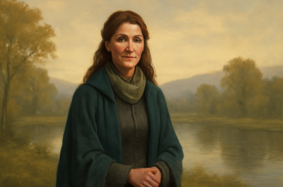 "Portrait of Catelyn Stark standing in a serene, peaceful landscape, with auburn hair streaked with gray and a calm, wise expression. She is dressed in medieval attire, including a green scarf and cloak, as she gazes confidently into the distance. The background features a tranquil body of water, misty hills, and soft, golden hues, symbolizing reflection, wisdom, and strength." 