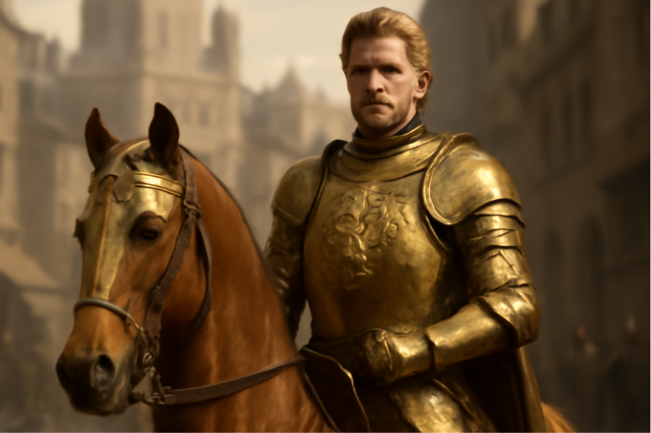 "Medieval knight in shining gold-plated armor with a lion crest, mounted on a horse, confidently riding through a medieval city, symbolizing power and wealth." 