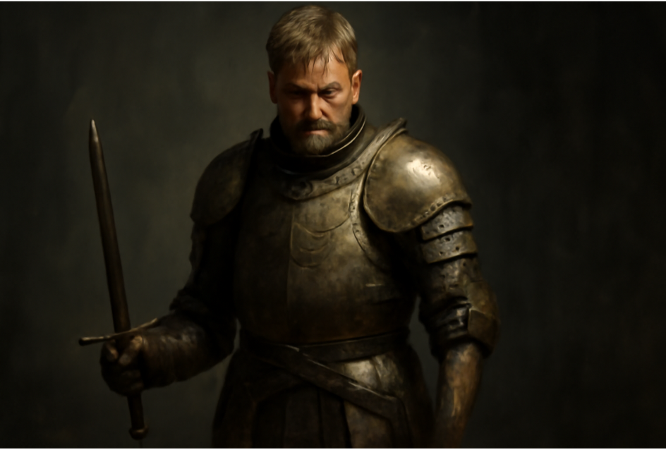 A knight in battle-worn, tarnished armor stands solemnly in a darkened environment, holding a sword in his right hand. His intense expression reflects focus and determination, with his short, graying hair and beard adding to his mature, battle-hardened appearance. The dramatic lighting emphasizes the intricate details of the armor, creating a contrast between the knight's stoic demeanor and the shadowed background. 