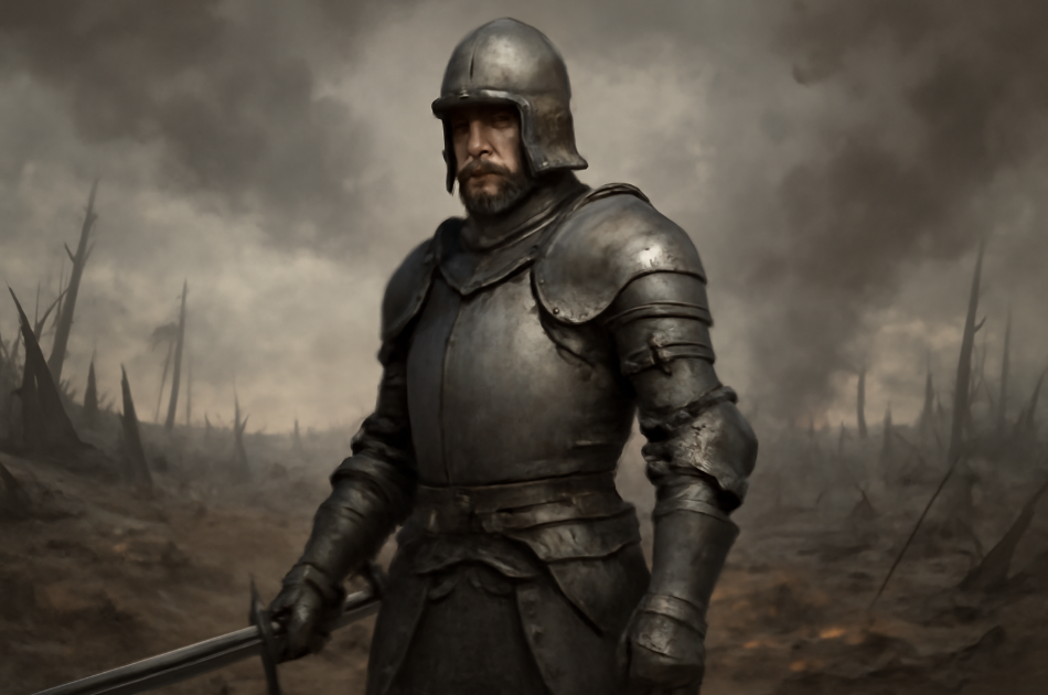 A battle-hardened knight in steel armor stands resolutely on a war-torn battlefield, holding a sword in a battle-ready stance. The knight's focused expression and practical, functional armor reflect inner strength and experience. The desolate landscape features destroyed structures and a dark, ominous sky, emphasizing the somber atmosphere of war. 
