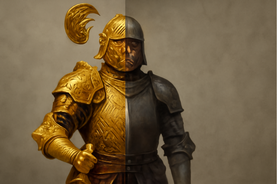 A knight with a striking contrast in armor: the left side features ornate golden plating, while the right side is clad in practical, battle-worn steel. The knight's focused expression and the stark division between the decorative and functional armor symbolize the balance between aesthetics and utility. The neutral gray background highlights the knight’s stoic demeanor, emphasizing the juxtaposition of the two armor styles. 