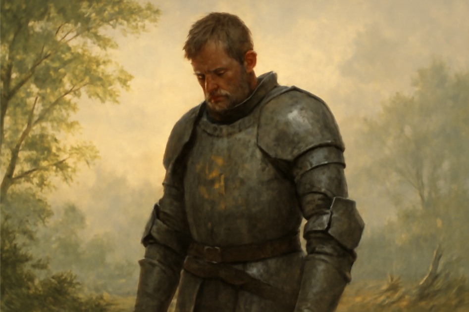 A battle-worn knight in steel armor, with the faintly visible Lannister lion crest on his chest, stands in a moment of quiet contemplation. The warm glow of late afternoon light illuminates his weathered armor, highlighting the marks of past battles. Behind him, a serene natural landscape with soft lighting symbolizes his inner reflection, growth, and journey towards redemption. 