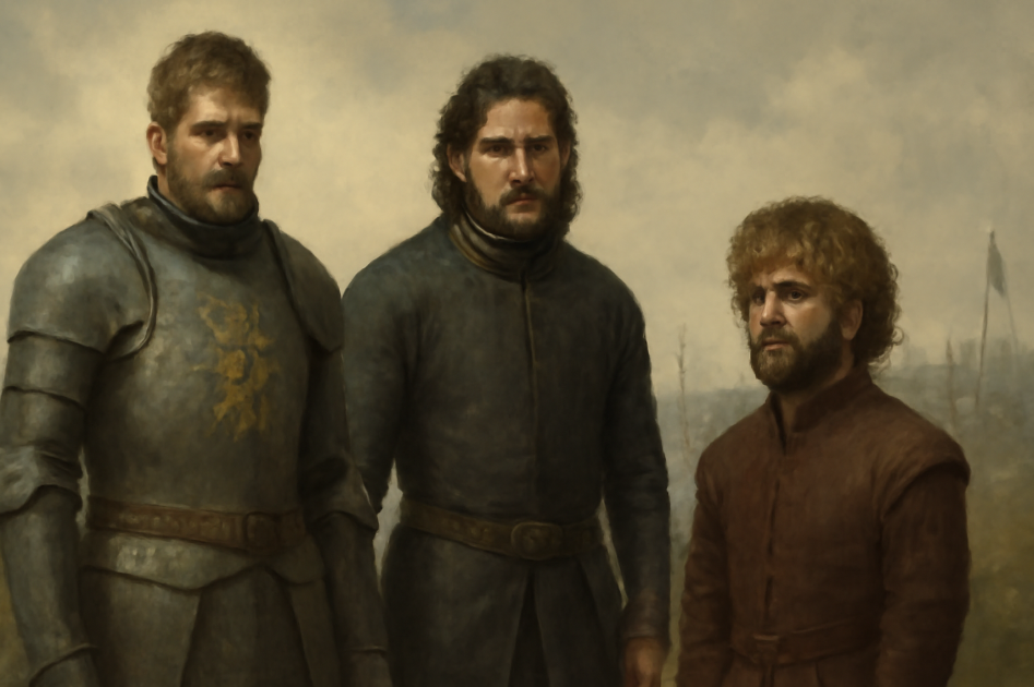 A group of three iconic characters from "Game of Thrones" stands together amidst a war-torn landscape. Jaime Lannister, dressed in battle-worn steel armor with the Lannister lion crest, stands alongside Jon Snow in simple, dark armor. Tyrion Lannister, dressed in a plain tunic, symbolizes intellect and strategy. The bleak background reflects the contrasting personalities and approaches to identity of each character, with a desolate battlefield setting. 