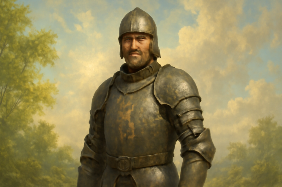 A knight in worn battle armor stands confidently in a serene landscape, with soft sunlight filtering through the clouds, symbolizing hope and redemption. The subtle Lannister lion crest on his chest reflects his past, while his calm and determined expression represents personal growth. The background of rolling hills and a warm sky evokes a sense of transformation and renewal. 