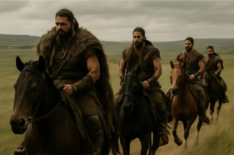 "Dothraki warriors on horseback riding through vast grassy plains in Game of Thrones, wearing rugged leather armor, fur cloaks, and tribal jewelry. The scene captures the strength, freedom, and nomadic lifestyle of the warriors, with their horses galloping across a sunlit, wind-swept landscape beneath a cloudy sky." 