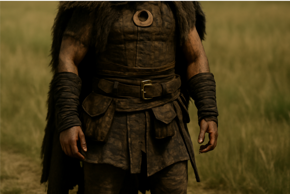 "Close-up of a Dothraki warrior’s costume featuring rugged leather armor, fur-lined cloak, wide belt with pouches and sheaths, sturdy boots, and symbolic jewelry. The battle-worn attire, showcasing earthy tones of brown and black, reflects the warrior’s nomadic culture and survivalist lifestyle in a grassland setting." 