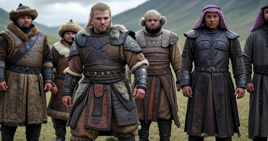 Group of warriors standing in a vast landscape, showcasing traditional Mongolian, Bedouin, and Central Asian warrior attire alongside a Dothraki-inspired costume from Game of Thrones. The detailed costumes feature leather armor, fur-lined cloaks, and practical designs for mobility and survival in harsh environments, highlighting cultural influences and rugged elegance.