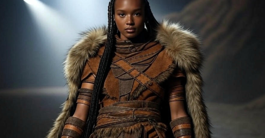 Model on a fashion runway wearing Dothraki-inspired attire, featuring a leather jacket, fur-lined cloak, and earthy tones, blending rugged practicality with modern elegance. The outfit includes bold arm bands and layered belts, reflecting the warrior culture of Game of Thrones' Dothraki, set against a dramatic backdrop.