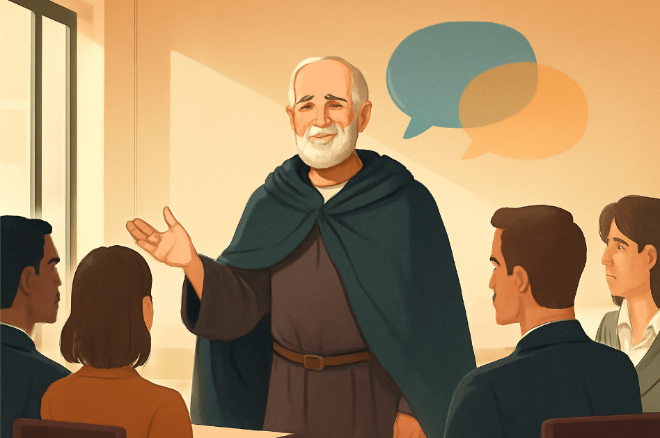 An older, wise leader with a subtle smile addressing a tense team in a modern meeting room. Abstract speech bubbles emphasize his use of humor to ease tension and foster leadership effectiveness." 