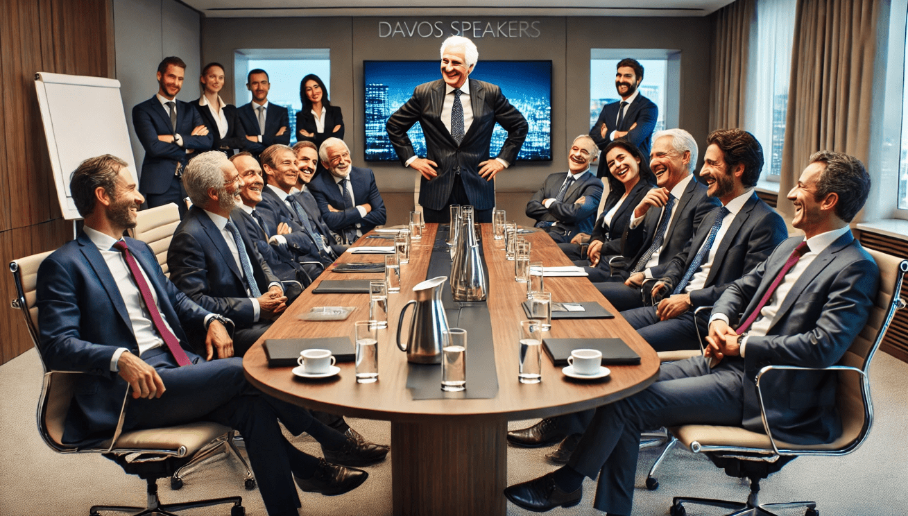 Older executive using humor to ease tension during a boardroom meeting, with team members in formal business attire beginning to smile and relax in a modern office setting." 