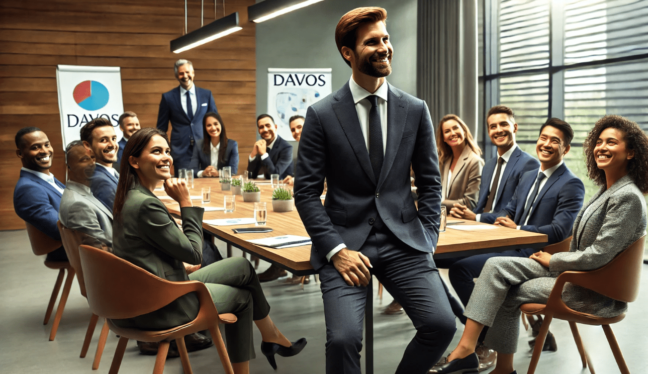 Approachable business leader using humor to engage a diverse team during a relaxed office meeting, promoting positive communication and team collaboration.