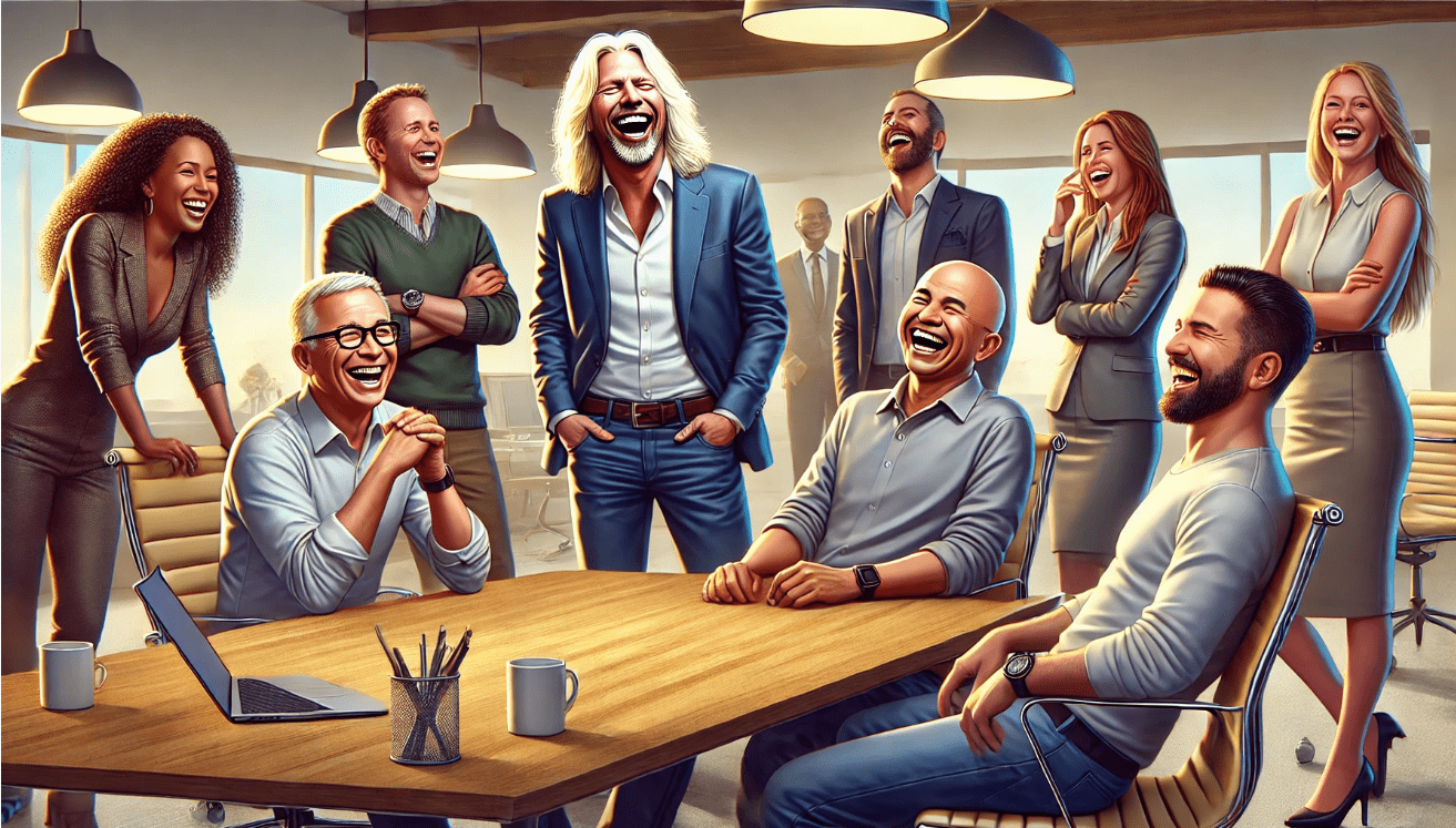 Famous business leaders using humor in a modern office setting to engage their teams, including a Richard Branson lookalike laughing with colleagues, a Satya Nadella lookalike sharing a witty remark, and a Tony Hsieh lookalike joking with coworkers—illustrating positive workplace culture and leadership through humor.