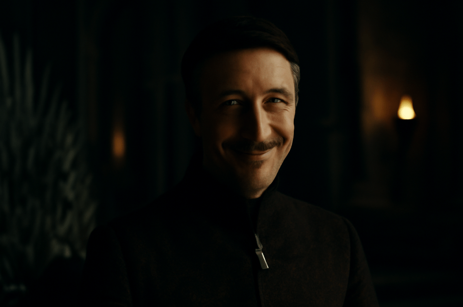 Petyr Baelish (Littlefinger) smirking in a dimly lit throne room, with the Iron Throne in the background, exuding confidence and dark humor amidst a tense atmosphere." 