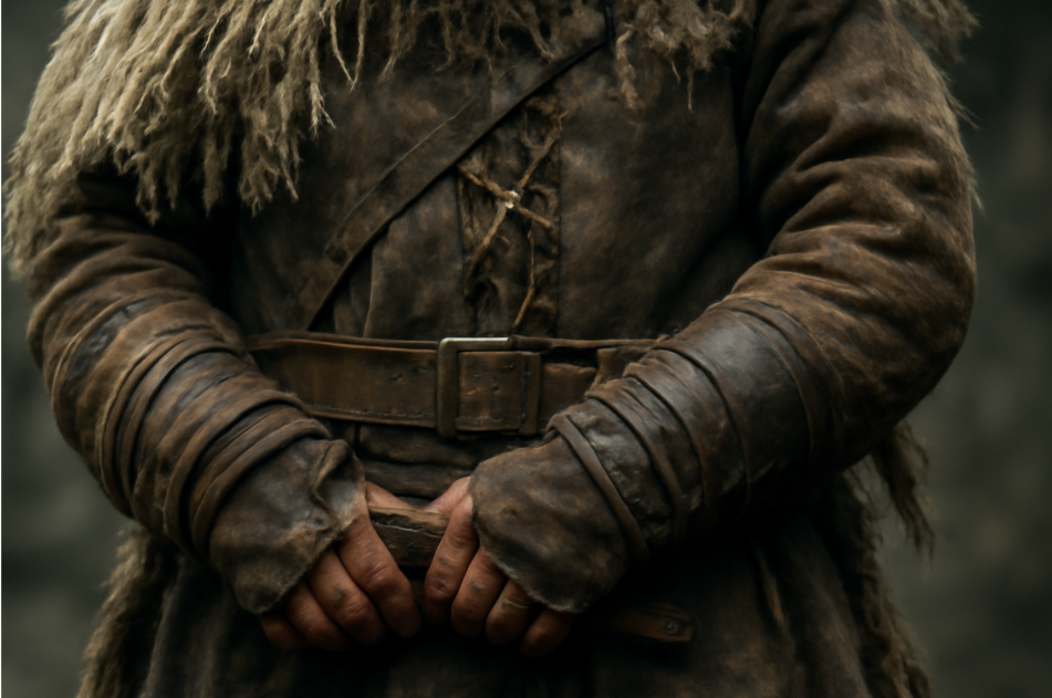 "Close-up of rugged wildling attire featuring thick faux fur draped over the shoulders, worn leather tunic, and detailed leather arm guards. The earthy tones of brown, gray, and dark leather highlight the textures of fur and leather, showcasing the weathered and authentic craftsmanship of the gear." 