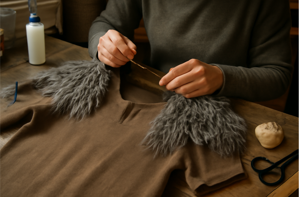 "Close-up of a crafter attaching thick, shaggy faux fur to the shoulders of a brown tunic. The process involves carefully sewing the faux fur using a needle and thread, with crafting tools like scissors and glue in the rustic, cozy workshop setting. The image showcases the textures of both the faux fur and fabric, highlighting the DIY crafting process." 