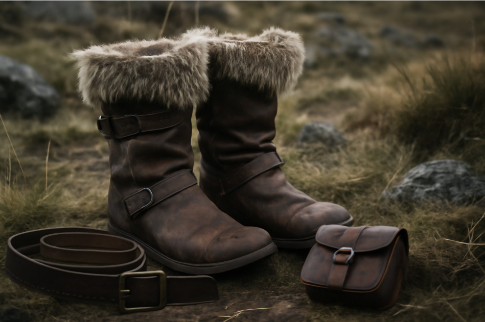 "Close-up of rugged, mid-calf leather boots with fur trim, placed on rocky ground in a survivalist setting. The weathered boots are accompanied by a worn leather belt and pouch, all in earthy tones. The image emphasizes the practicality, durability, and ruggedness of the leather accessories against a desolate, natural landscape." 