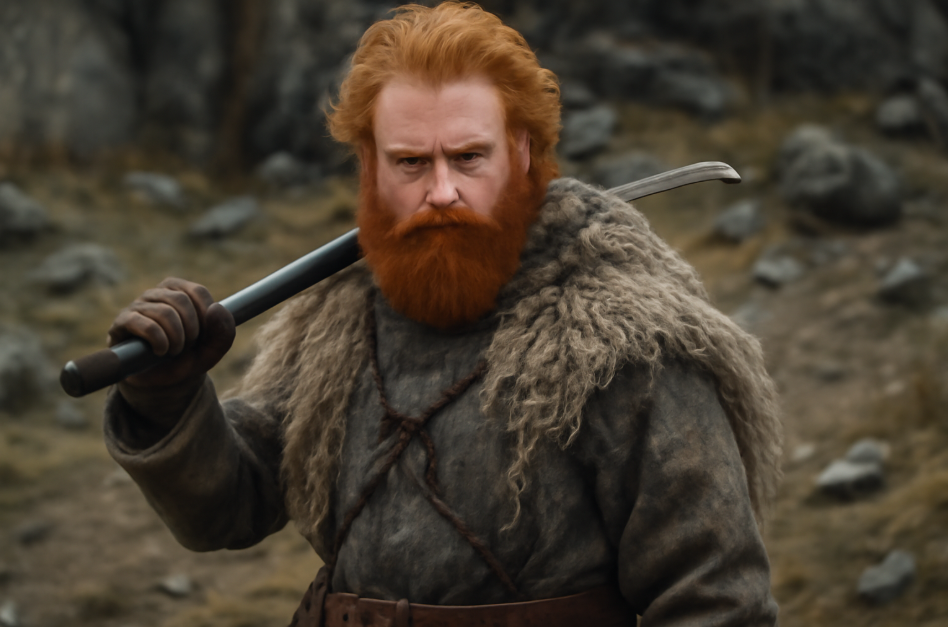 "Cosplayer dressed as Tormund Giantsbane from Game of Thrones, featuring wild red hair, a thick beard, and a fur-lined cloak. The character holds a weapon, such as a sword, in a rugged, battle-hardened wildling environment with rocky terrain in the background, embodying the wild, survivalist spirit of the iconic character." 