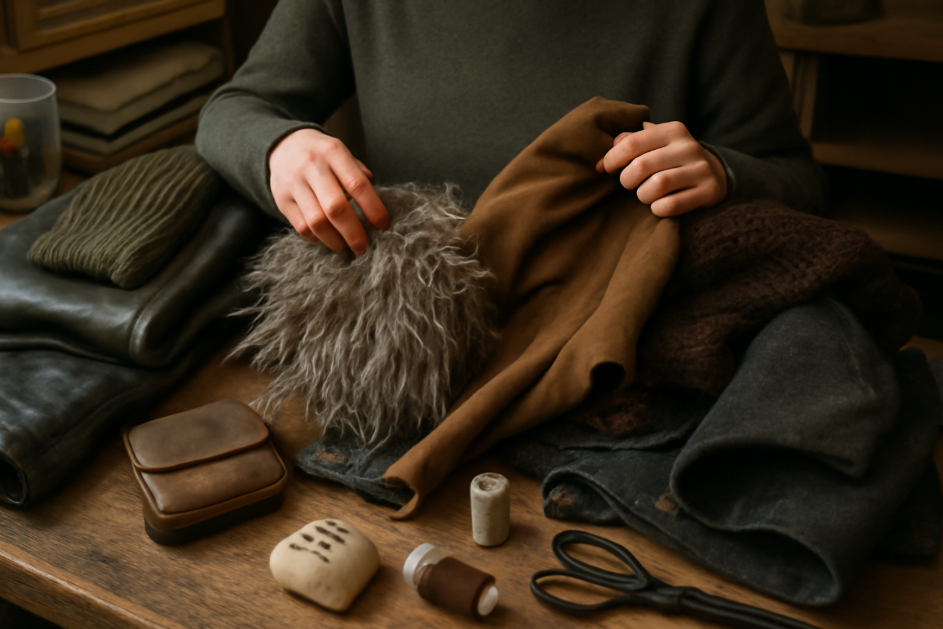 "Crafting workspace with a person sorting through thrift store finds for a wildling cosplay. The table is covered with old coats, scarves, leather jackets, faux fur, and sewing materials. The individual is examining a piece of faux fur, with various crafting tools like scissors and thread visible, all arranged in warm, earthy tones under soft lighting." 