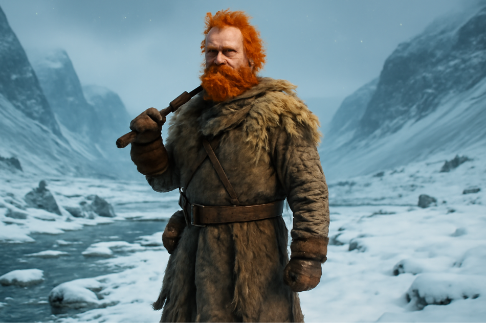 "Wildling cosplayer dressed as Tormund Giantsbane from Game of Thrones, standing confidently in a snowy, rugged landscape. The cosplayer, with wild red hair and a thick beard, wears a fur-lined cloak and leather gloves, holding a weapon in the harsh, ice-covered environment with towering mountains and snowflakes gently falling in the background." 