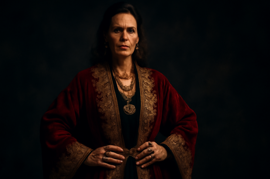 "Powerful woman in a red velvet robe with intricate gold embroidery, dramatic accessories, and a confident expression, standing in a dark atmospheric setting. The chiaroscuro lighting emphasizes the luxurious details and regal aura of her attire, exuding strength and elegance."









