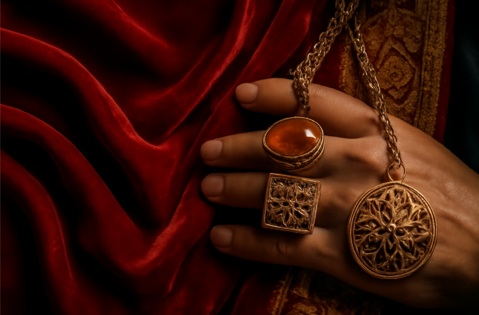 "Close-up of luxurious deep red velvet fabric with a smooth, silky texture, featuring intricate gold thread embroidery. The image also highlights ornate jewelry, including chunky gold rings and a long necklace with a detailed pendant, creating a regal and powerful fashion vibe."









