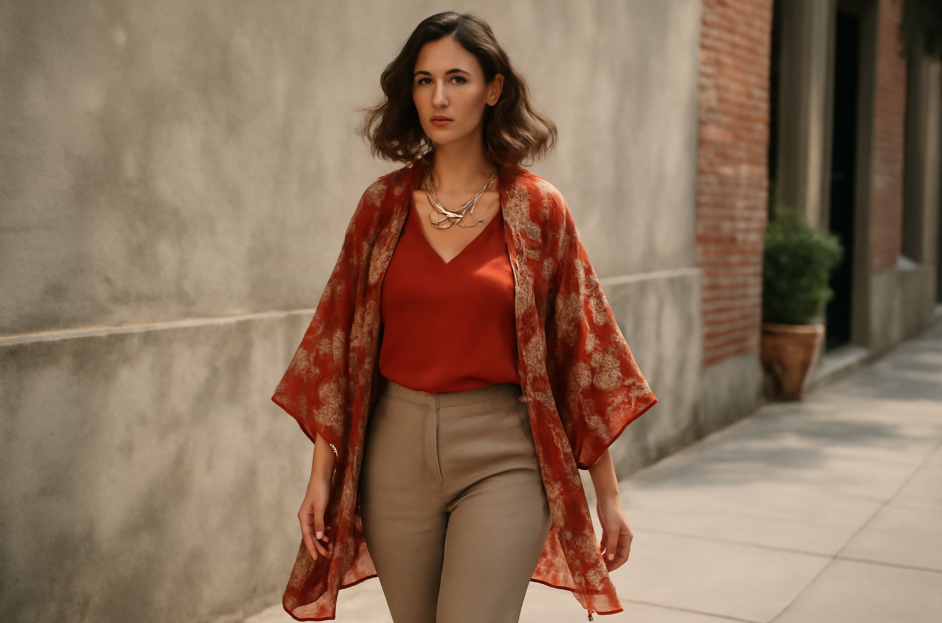 "Stylish woman in her late twenties walking along a sunlit city sidewalk, wearing a red blouse, beige trousers, and a floral kimono-style cardigan. She accessorizes with a bold gold necklace, exuding confidence against a weathered urban backdrop."









