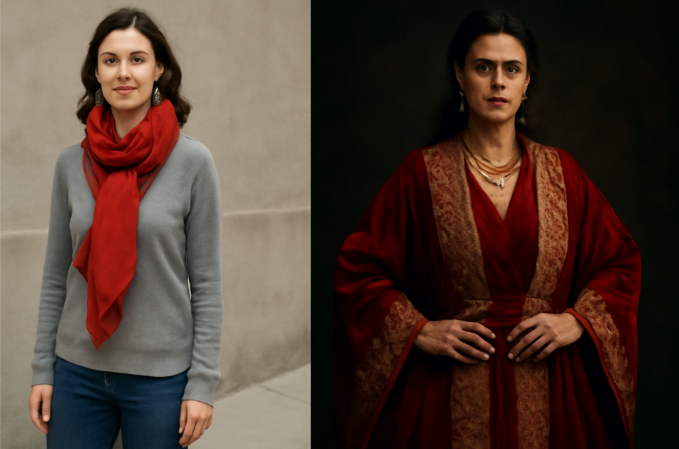 "Split image showcasing two women in red attire: on the left, a woman casually wears a red scarf with a simple gray sweater and jeans, set against a neutral background; on the right, a woman exudes regal elegance in a formal red velvet gown with intricate embroidery, dramatic accessories, and a confident expression, set against a dark, moody backdrop."









