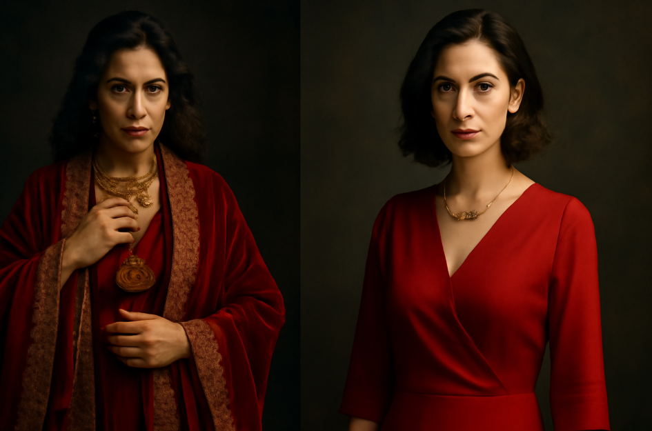 "Side-by-side comparison of two women in red attire: on the left, a woman embraces the Red Priestess style with a luxurious red velvet gown, bold gold accessories, and intricate details; on the right, a woman sports an elegant, simple red dress with subtle, regal accents and a delicate gold necklace, showcasing a more refined approach to red fashion."









