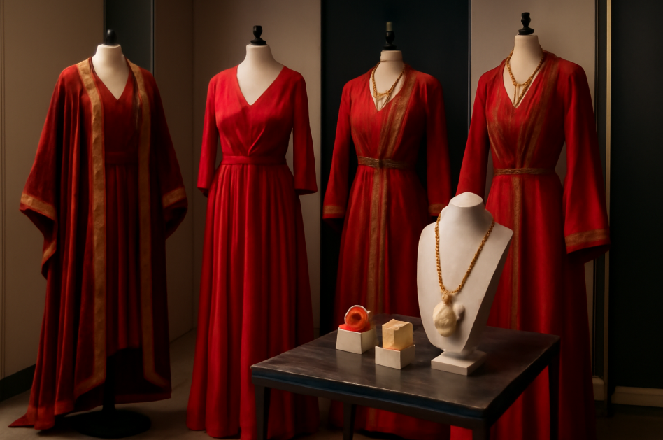 "Curated boutique display of Red Priestess-inspired fashion featuring elegant red velvet gowns with intricate gold embroidery. The display includes dramatic accessories such as chunky rings and necklaces, all set against a sophisticated neutral backdrop, showcasing luxurious textures and regal style."









