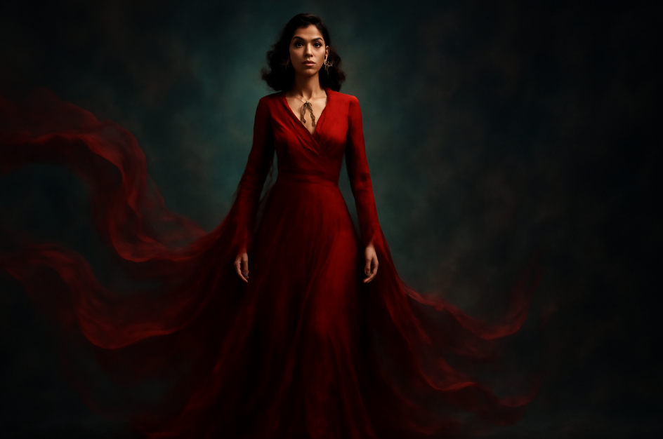 "Powerful woman in a dramatic red gown with flowing fabric, standing confidently against a mystical stormy backdrop. The gown's luxurious velvet material contrasts with the deep blues and teals of the background, while a golden pendant and soft lighting highlight her strong posture and intense gaze."










