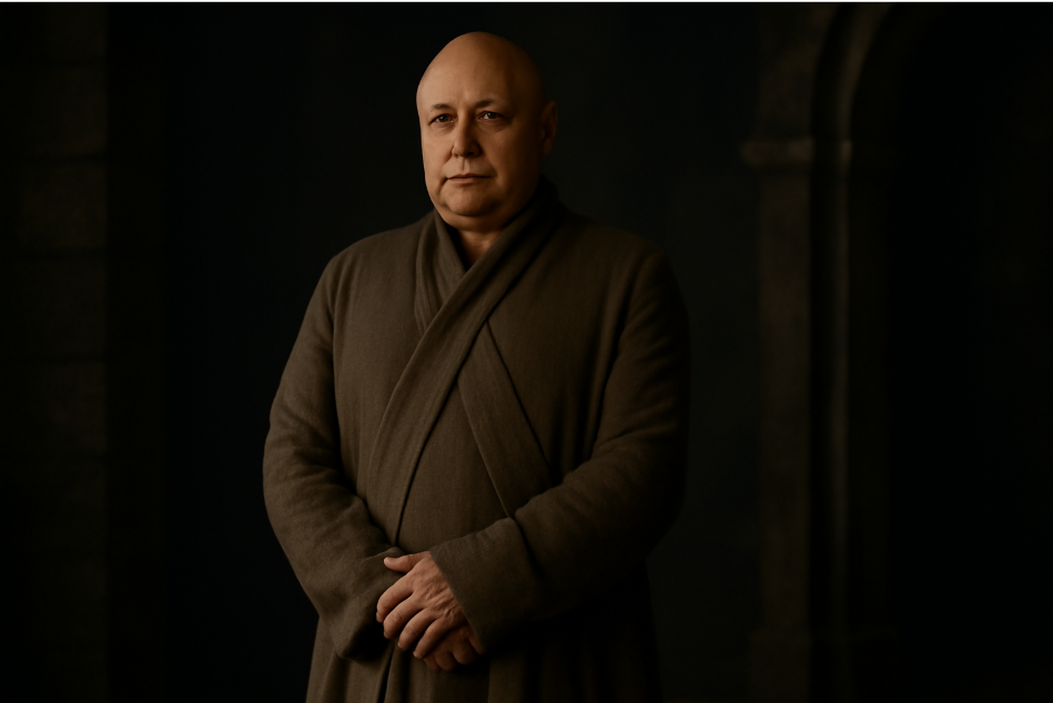 "Close-up portrait of Lord Varys from Game of Thrones, dressed in his signature earth-toned robes. His contemplative expression and subtle wrinkles reflect his strategic and manipulative nature. The dark, moody background adds to the mysterious atmosphere, highlighting his role as a master manipulator in the shadows." 