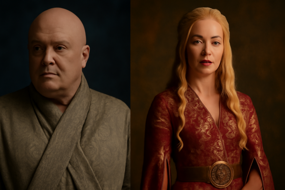 "Split image of Lord Varys from Game of Thrones on the left, wearing a simple earth-toned robe, contrasted with Daenerys Targaryen on the right in an extravagant burgundy gown. Varys exudes a calm, strategic presence, while Daenerys radiates bold power and confidence in her vibrant, attention-grabbing outfit. The contrast highlights Varys's quiet manipulation versus Daenerys's commanding presence." 