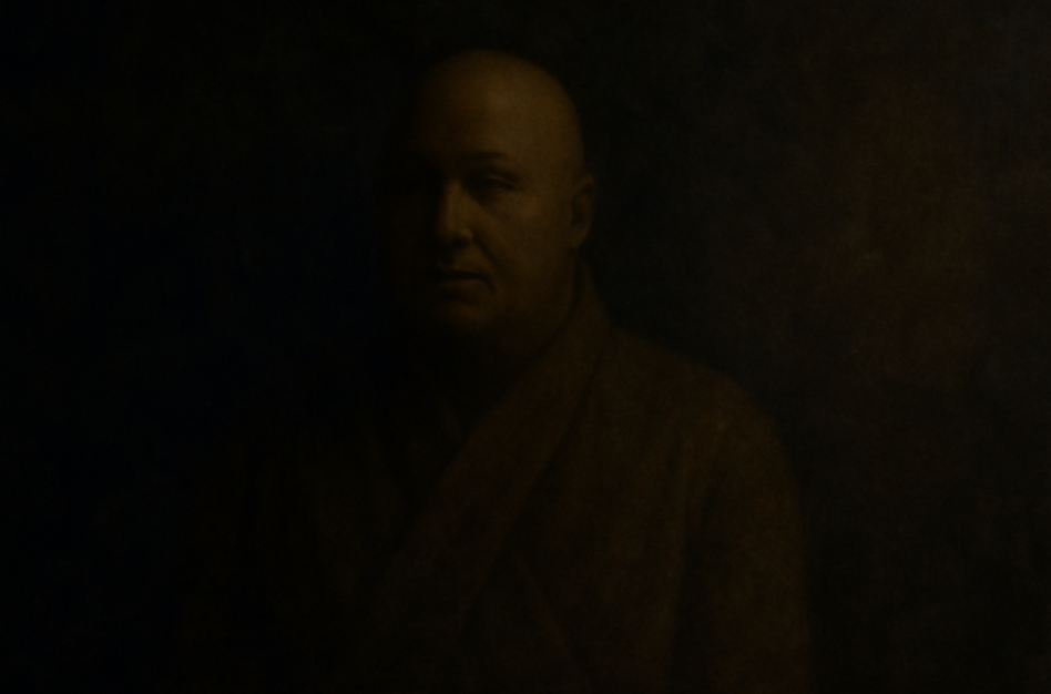 "Artistic digital painting of Lord Varys from Game of Thrones, blending into a shadowy background. The faint light subtly illuminates his face, highlighting his calm and calculating expression. The dark, earthy color palette and soft lighting reflect Varys’s ability to influence from the shadows, emphasizing his strategic restraint and quiet power." 