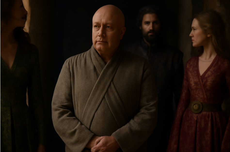 "Lord Varys from Game of Thrones stands in a dimly lit medieval corridor, wearing a simple, neutral-toned robe. He is surrounded by individuals in vibrant, attention-grabbing outfits, emphasizing his quiet and discreet approach to power. The soft lighting highlights Varys’s calm, strategic expression, contrasting with the bold presence of those around him." 