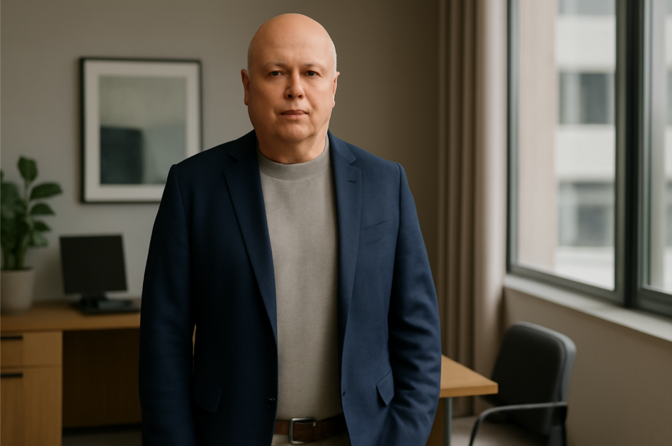 "Middle-aged man with a bald head standing confidently in a modern office, dressed in a navy blazer, gray sweater, and beige trousers. The minimalistic, neutral-toned office background features natural light streaming through a window, creating a professional atmosphere that reflects quiet confidence and authority." 