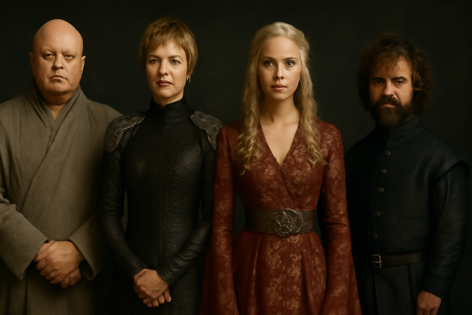 "Lord Varys from Game of Thrones stands alongside Cersei Lannister, Daenerys Targaryen, and Tyrion Lannister in a powerful comparison of contrasting styles. Varys wears simple, neutral-toned robes, emphasizing his understated, strategic approach to power, while the others are dressed in extravagant, royal outfits, highlighting their bold, attention-grabbing personas. The dark background sets off their distinct appearances." 