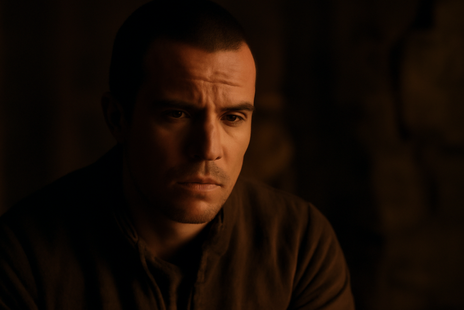 Gendry from Game of Thrones looking introspective and uneasy in a dimly lit room, reflecting on his changing feelings for Arya, with warm shadows highlighting his expression
