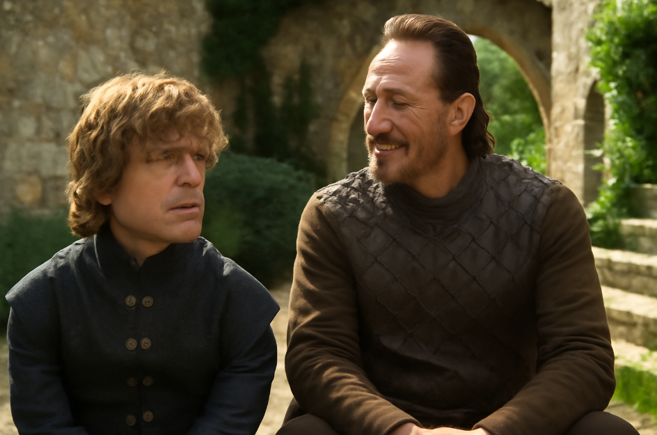 "Tyrion Lannister and Bronn sharing a witty conversation in a medieval outdoor setting, with rustic stone structures and greenery in the background. Tyrion is dressed in a blue velvet doublet, showing a serious expression, while Bronn is in a leather jerkin, smiling and relaxed.