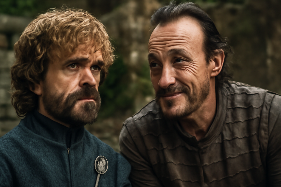 Tyrion Lannister and Bronn having a conversation in a medieval outdoor setting, with Tyrion displaying a thoughtful expression and Bronn showing a relaxed, street-smart demeanor. The background features a blurred stone wall and greenery, highlighting their contrasting personalities